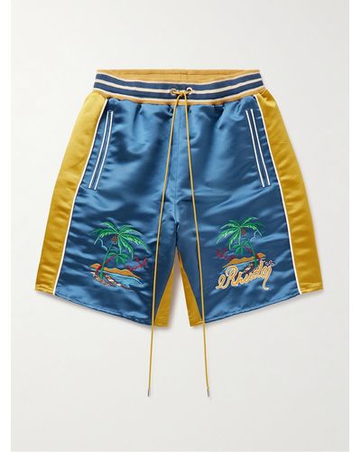 Rhude Straight-leg Panelled Logo-embroidered Satin Drawstring Shorts - Blue