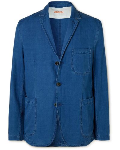 Aspesi Samuraki Unstructured Convertible-collar Herringbone Cotton Blazer - Blue