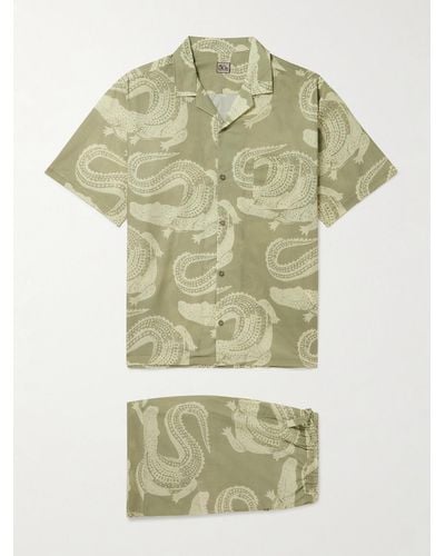 Desmond & Dempsey Camp-collar Printed Cotton Pyjama Set - Green
