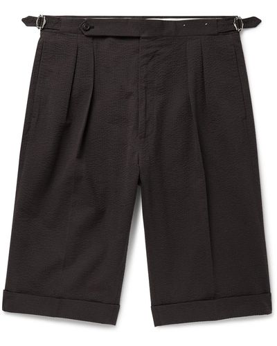 De Petrillo Slim-fit Pleated Cotton-blend Seersucker Shorts - Black