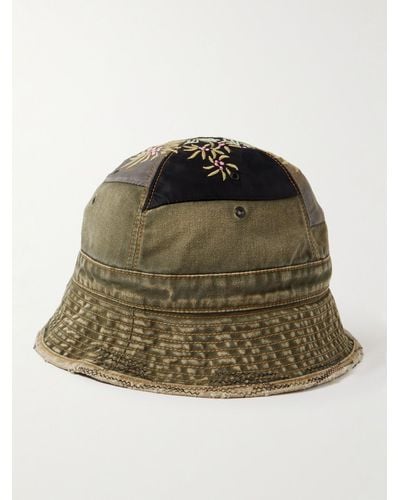 Kapital Distressed Embroidered Patchwork Cotton-twill And Shell Bucket Hat - Green