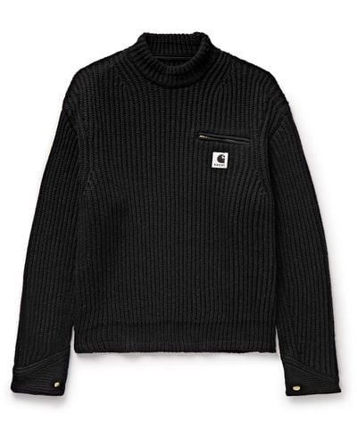 Sacai Carhartt Wip Detroit Ribbed Wool And Nylon-blend Sweater - Black