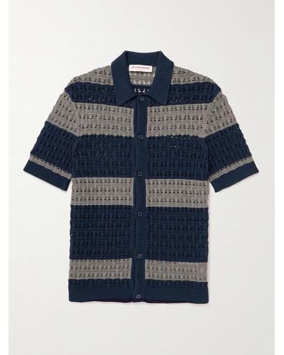 Orlebar Brown Fabien Striped Crocheted Cotton And Linen-blend Shirt - Blue