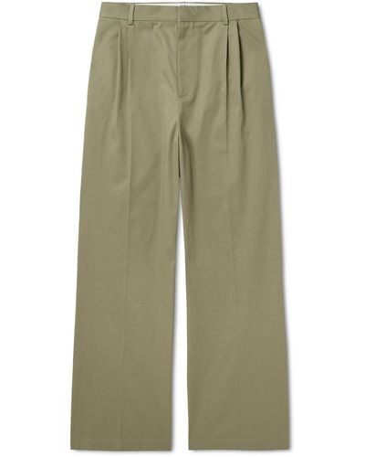 Loewe Wide-leg Pleated Logo-embroidered Cotton-twill Pants - Green