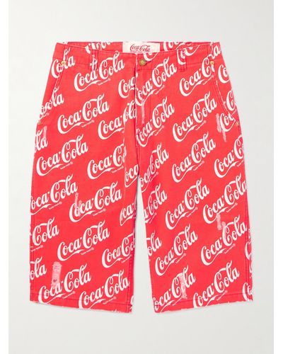 ERL Coca-cola Straight-leg Distressed Printed Cotton-canvas Shorts - Red