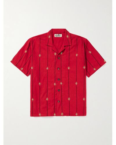 Karu Research Camp-collar Embellished Striped Cotton Shirt - Red