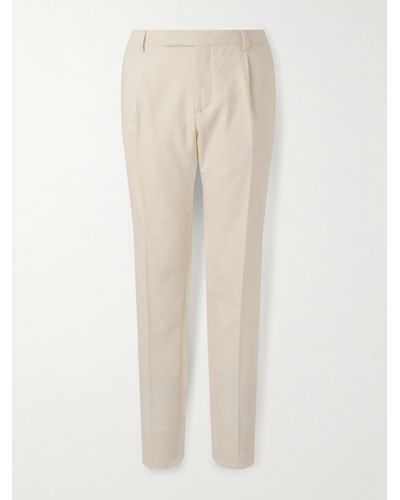 Lardini Tapered Pleated Linen And Wool-blend Twill Tuxedo Trousers - White