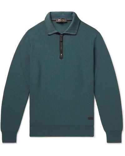 Loro Piana Leather-trimmed Ribbed Wool Half-zip Sweatshirt - Green