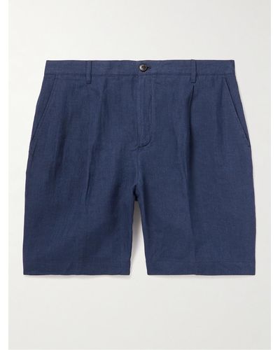 Sunspel Tapered Pleated Linen Shorts - Blue