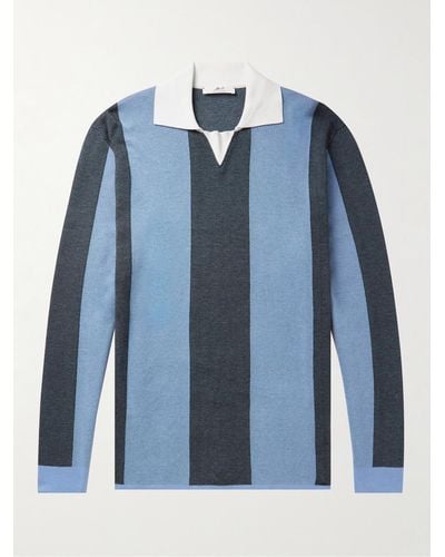 MR P. Striped Two-tone Honeycomb-knit Cotton-blend Polo Shirt - Blue