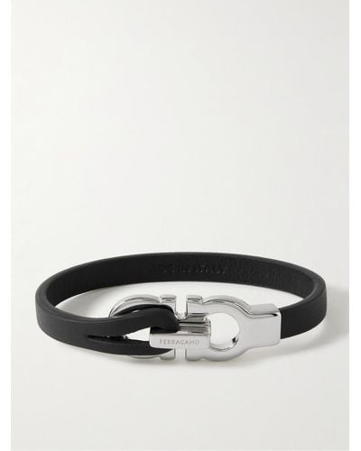 Ferragamo Logo-embellished Leather And Silver-tone Bracelet - Black
