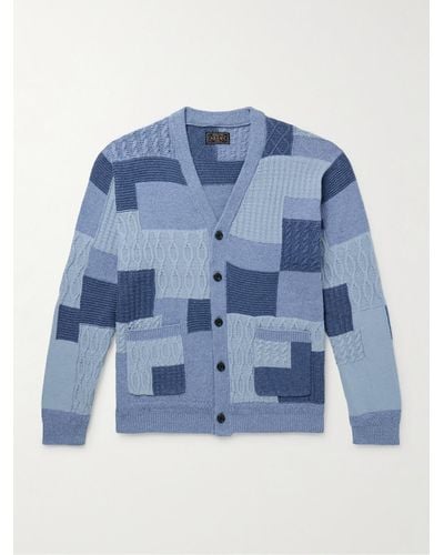 Beams Plus Cardigan in misto lino e cotone patchwork - Blu