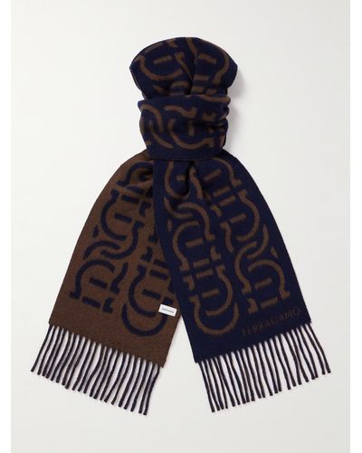 Ferragamo Fringed Jacquard-knit Wool And Cashmere-blend Scarf - Blue