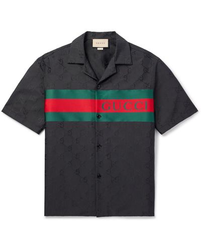 Gucci Camp-collar Logo-jacquard Twill-trimmed Satin Shirt - Black