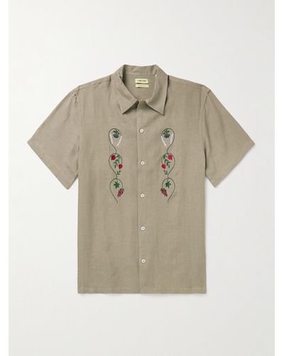 De Bonne Facture Convertible-collar Embroidered Linen Shirt - Natural