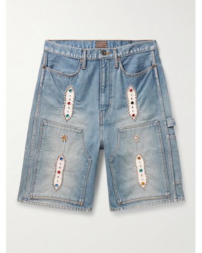 Kapital Straight-leg Embellished Denim Shorts - Blue