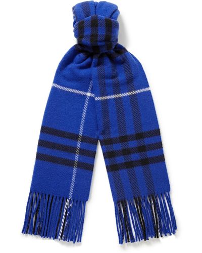 Burberry Fringed Checked Wool And Cashmere-blend Scarf - Blue