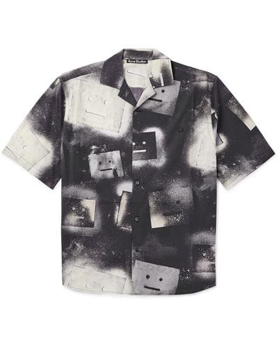 Acne Studios Sarlino Spray Camp-collar Logo-print Appliquéd Cotton-poplin Shirt - Gray