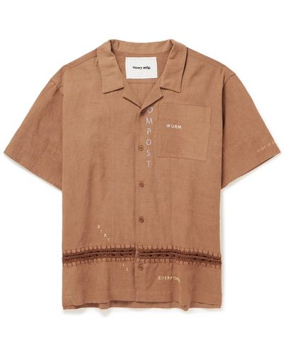 STORY mfg. Camp-collar Crochet-trimmed Embroidered Cotton And Linen-blend Shirt - Brown