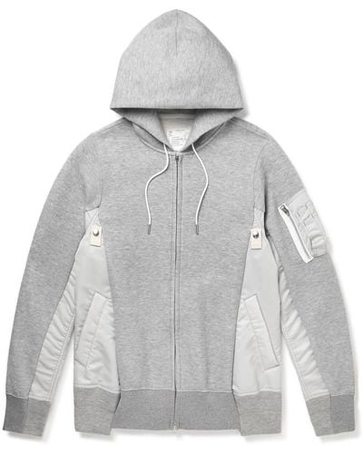 Sacai Ma-1 Nylon-trimmed Cotton-blend Jersey Zip-up Hoodie - Gray