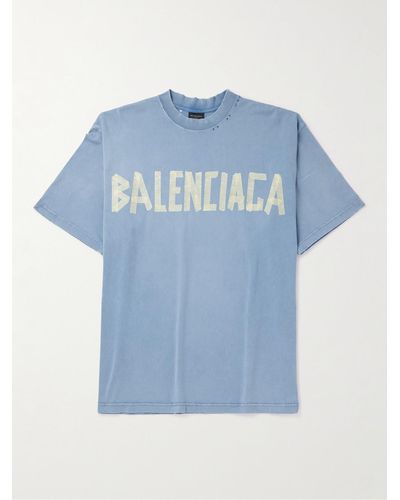 Balenciaga Oversized-T-Shirt aus Baumwoll-Jersey mit Logoprint in Distressed-Optik - Blau