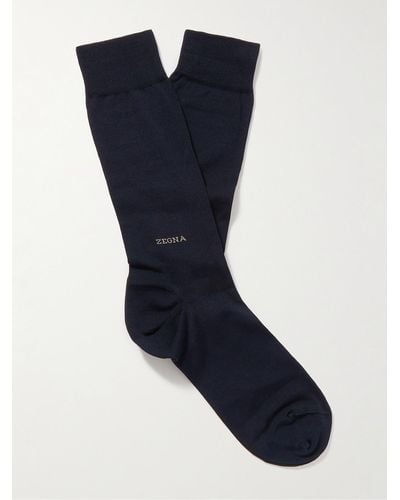 Zegna Logo-embroidered Cotton-blend Socks - Blue
