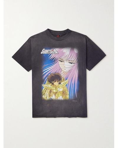 SAINT Mxxxxxx Saint T-shirt in jersey di cotone effetto consumato con stampa Seiya - Blu