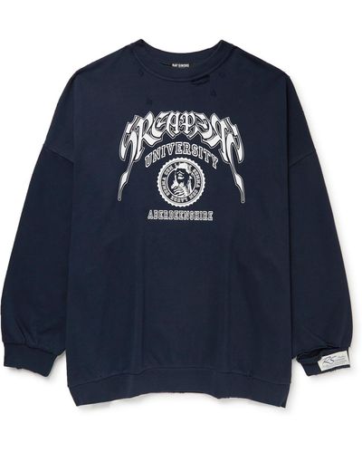 Raf Simons Oversized Distressed Printed Cotton-jersey Sweatshirt - Blue