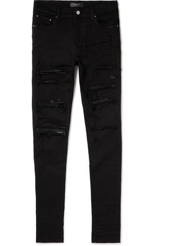 Amiri Thrasher Skinny-fit Leather-panelled Distressed Jeans - Black