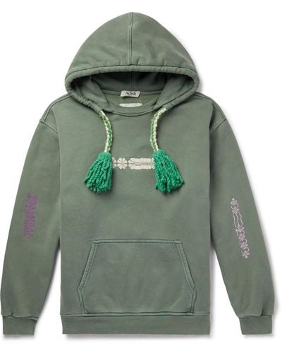 Adish Tasseled Garment-dyed Embroidered Cotton-jersey Hoodie - Green