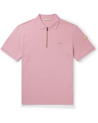 Moncler Leather-trimmed Logo-detailed Mercerised Cotton-piqué Zip-up Polo Shirt - Pink