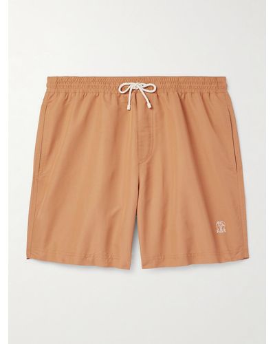 Brunello Cucinelli Straight-leg Mid-length Logo-embroidered Swim Shorts - Natural