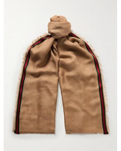 Gucci Frayed Striped Logo-jacquard Silk And Cotton-blend Scarf - Brown