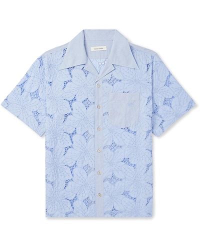 Wales Bonner Highlife Camp-collar Embroidered Broderie Anglaise Cotton-blend Shirt - Blue