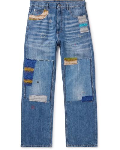 Marni Straight-leg Embroidered Mohair-blend Trimmed Patchwork Jeans - Blue