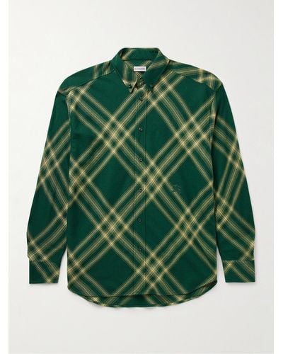 Burberry Oversized Button-down Collar Checked Wool-flannel Shirt - Green