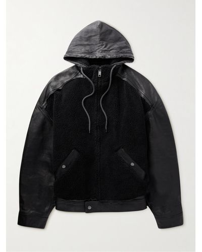 Balenciaga Faux Shearling-Trimmed Leather Hooded Bomber Jacket - Nero