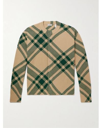 Burberry Checked Ribbed Wool-blend Cardigan - Green