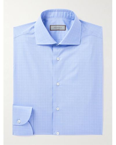 Canali Cutaway-collar Checked Cotton-poplin Shirt - Blue
