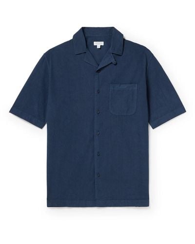 Sunspel Camp-collar Sea Island Cotton-seersucker Shirt - Blue