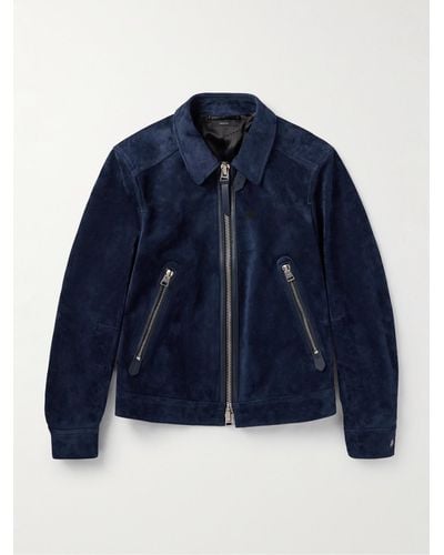 Tom Ford Leather-trimmed Suede Bomber Jacket - Blue