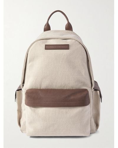 Brunello Cucinelli Logo-appliquéd Leather And Suede-trimmed Canvas Backpack - Natural