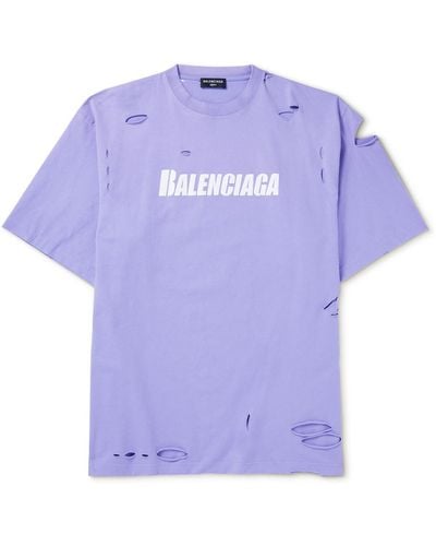 Balenciaga Oversized Distressed Logo-print Cotton-jersey T-shirt - Purple
