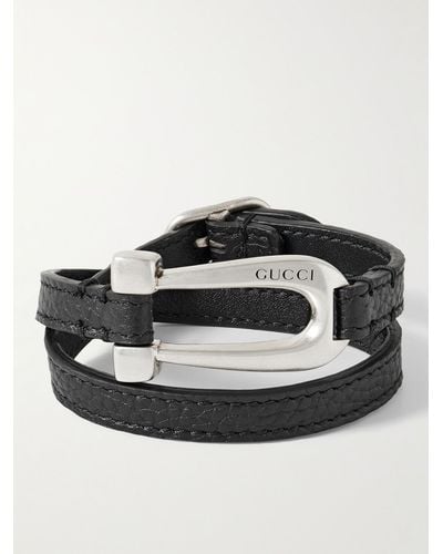 Gucci Full-grain Leather And Sterling Silver Wrap Bracelet - Black