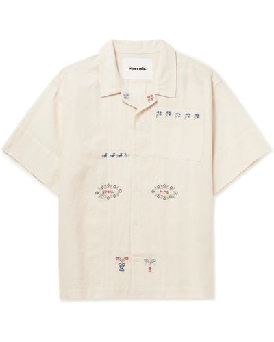 STORY mfg. Camp-collar Embroiderd Cotton And Linen-blend Shirt - Natural