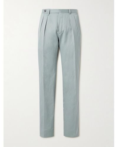 Brioni Elba Straight-leg Pleated Silk And Linen-blend Twill Trousers - Blue