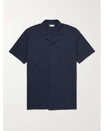 Sunspel Camp-Collar Cotton-Mesh Shirt - Blu