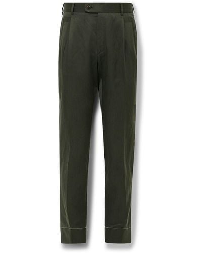 Brioni Shebha Slim-leg Pleated Silk And Linen-blend Twill Pants - Green