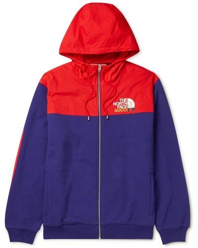 Gucci The North Face Shell-trimmed Logo-print Cotton-jersey Zip-up Hoodie - Blue