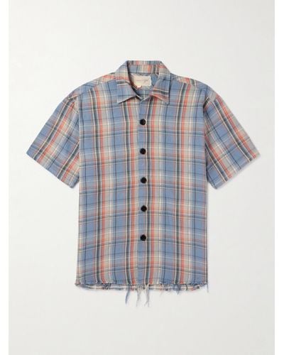 Greg Lauren Frayed Checked Cotton-flannel Shirt - Blue